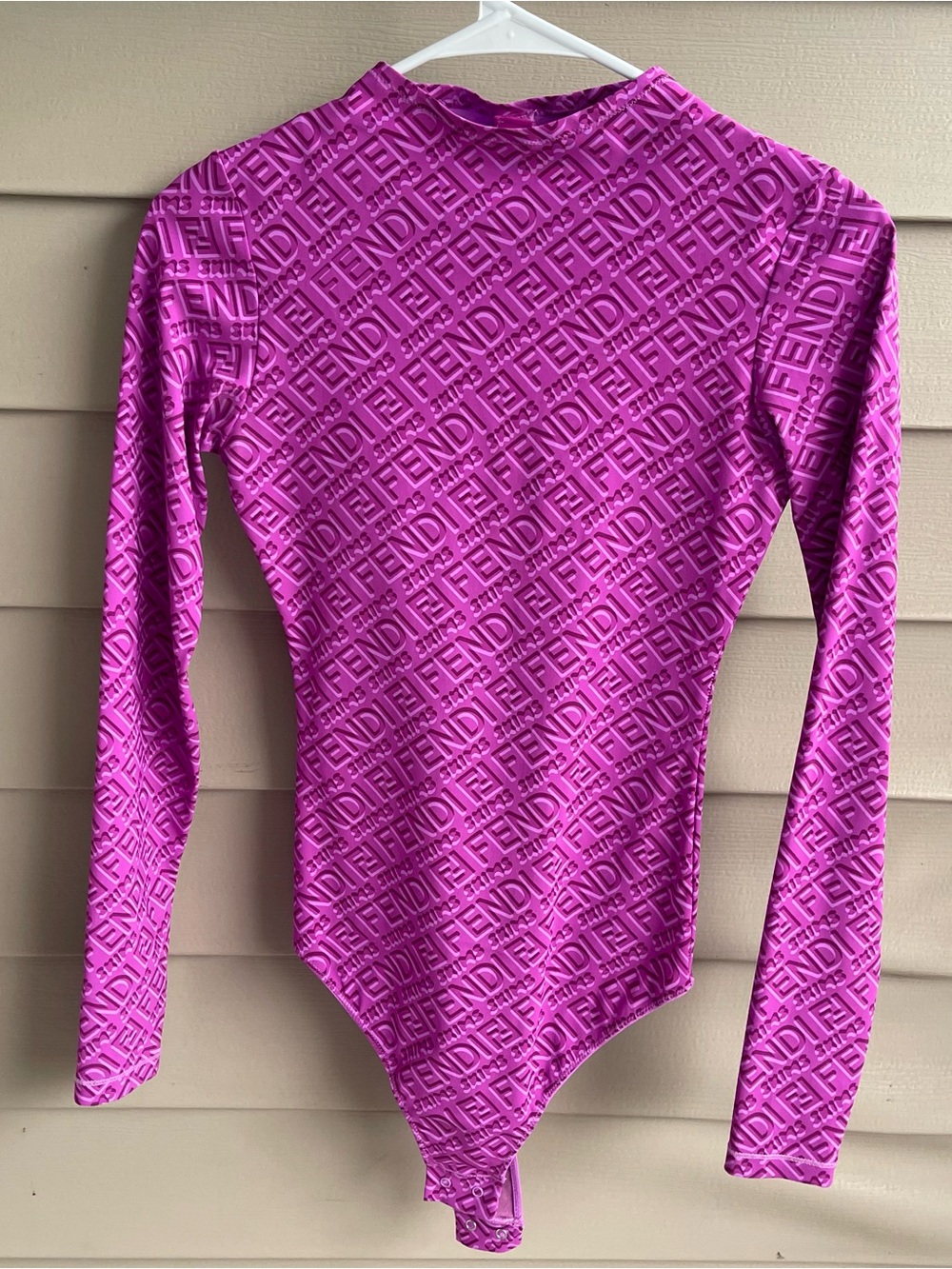Fendi X Skims Womens Size S Bodysuit Purple Logo Mock Neck Long Sleeve Stretch